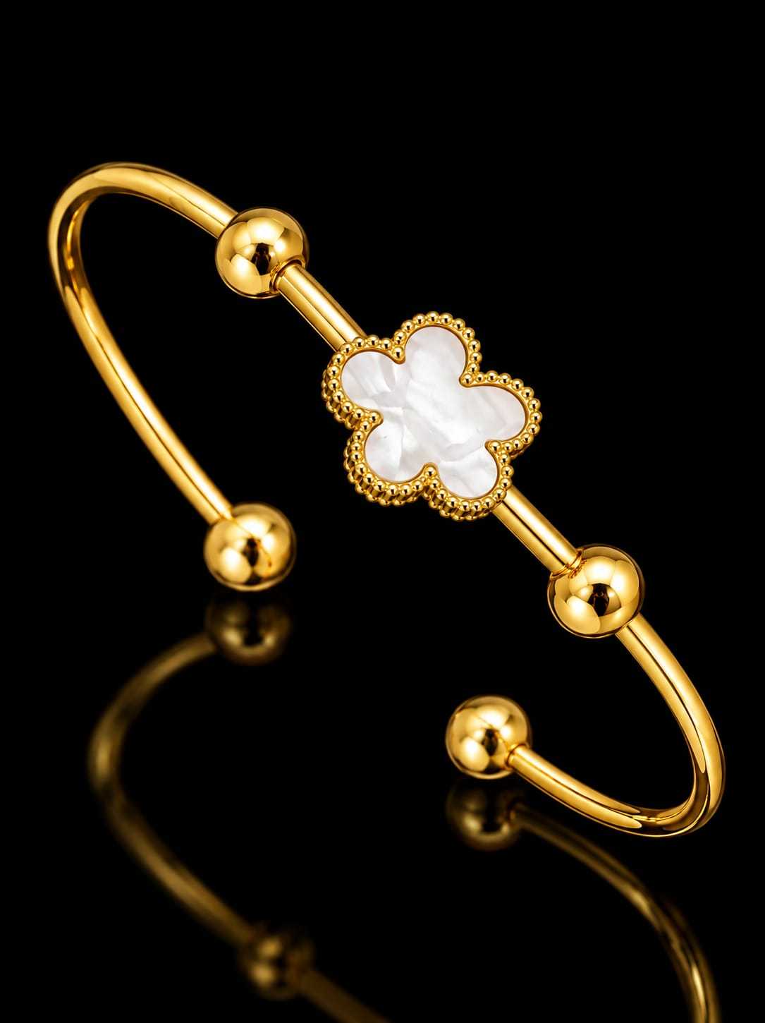 Mother of Pearl Heart and Clover Open Cuff Bangle