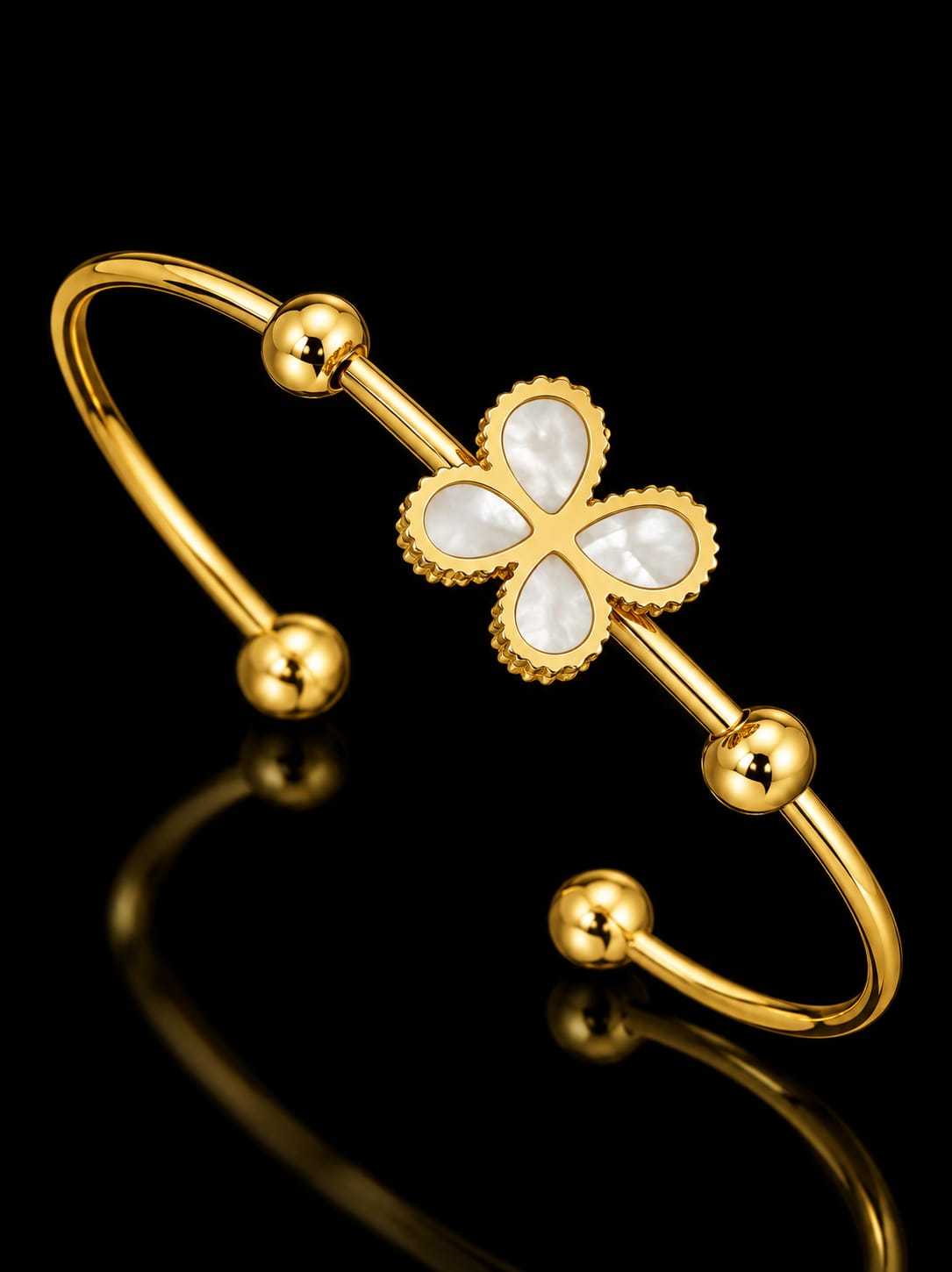Mother of Pearl Heart and Clover Open Cuff Bangle