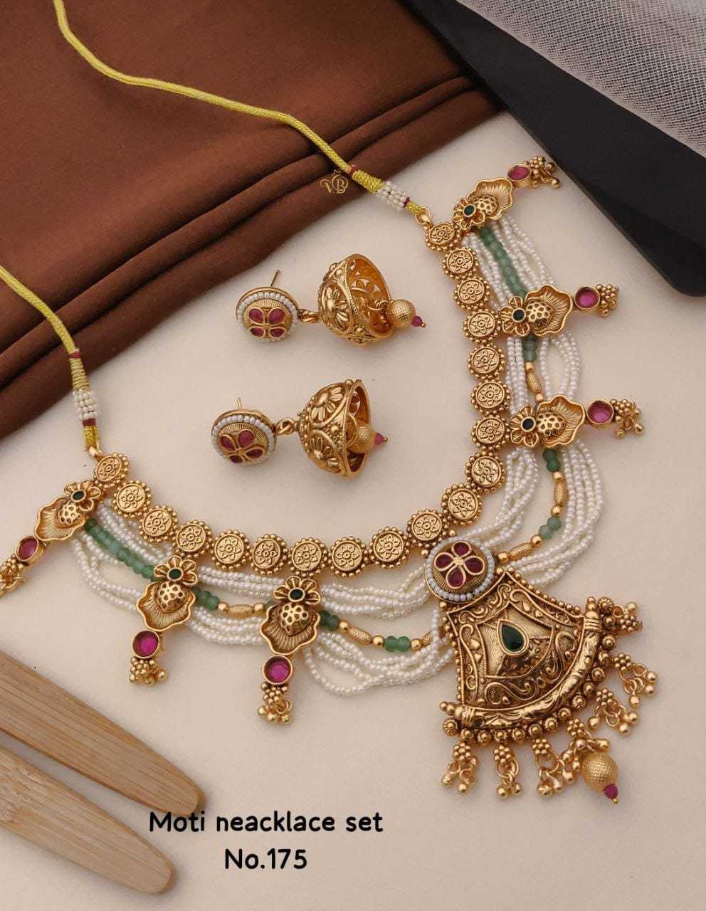 Moti Necklace Set with Pearl and Green Bead Layers and Kundan Pendant