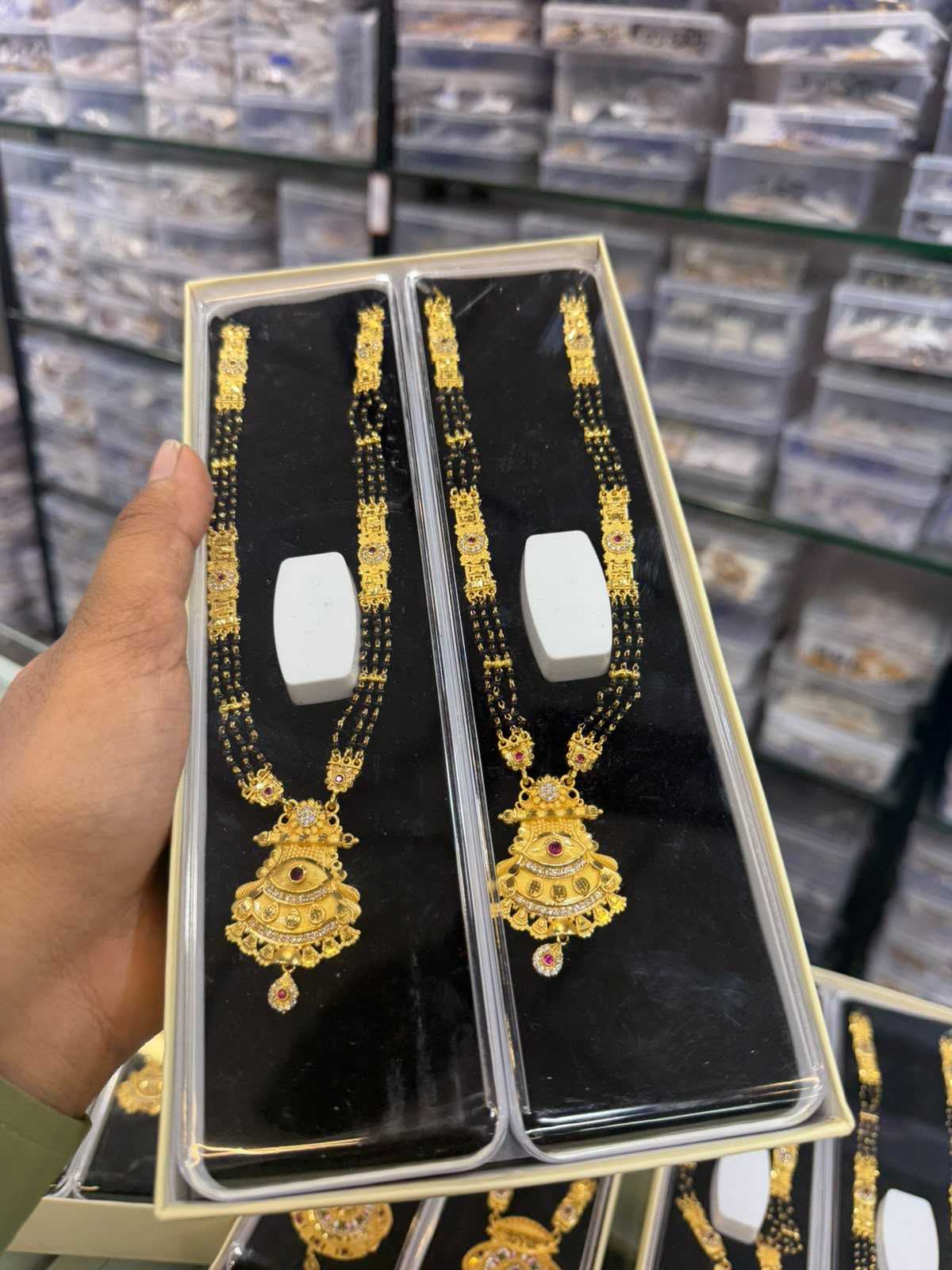 Multi-Strand Black Bead Long Mangalsutra with Filigree Gold Pendant