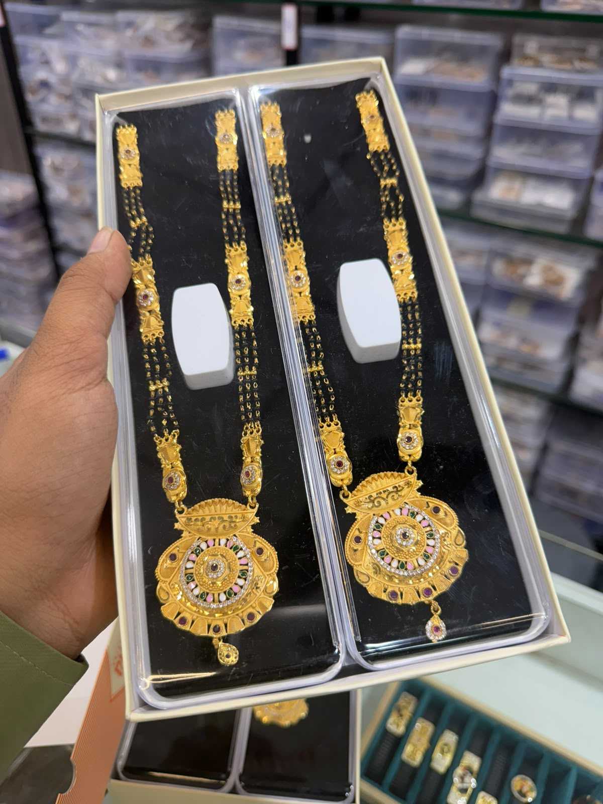 Multi-Strand Black Bead Long Mangalsutra with Filigree Gold Pendant