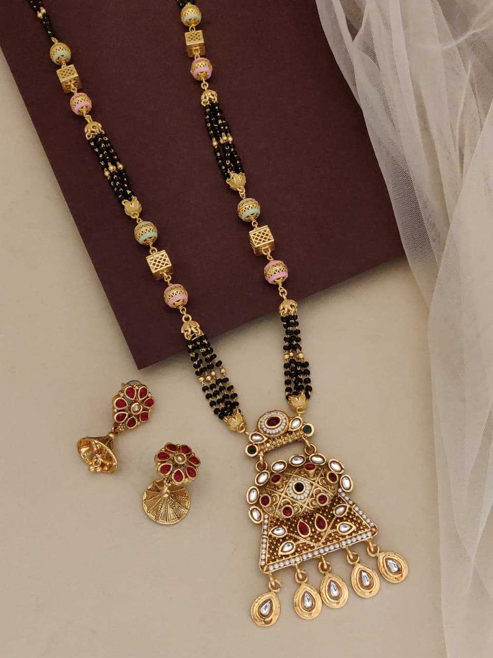 Multi-Strand Black Bead Mangalsutra with Jhumkas