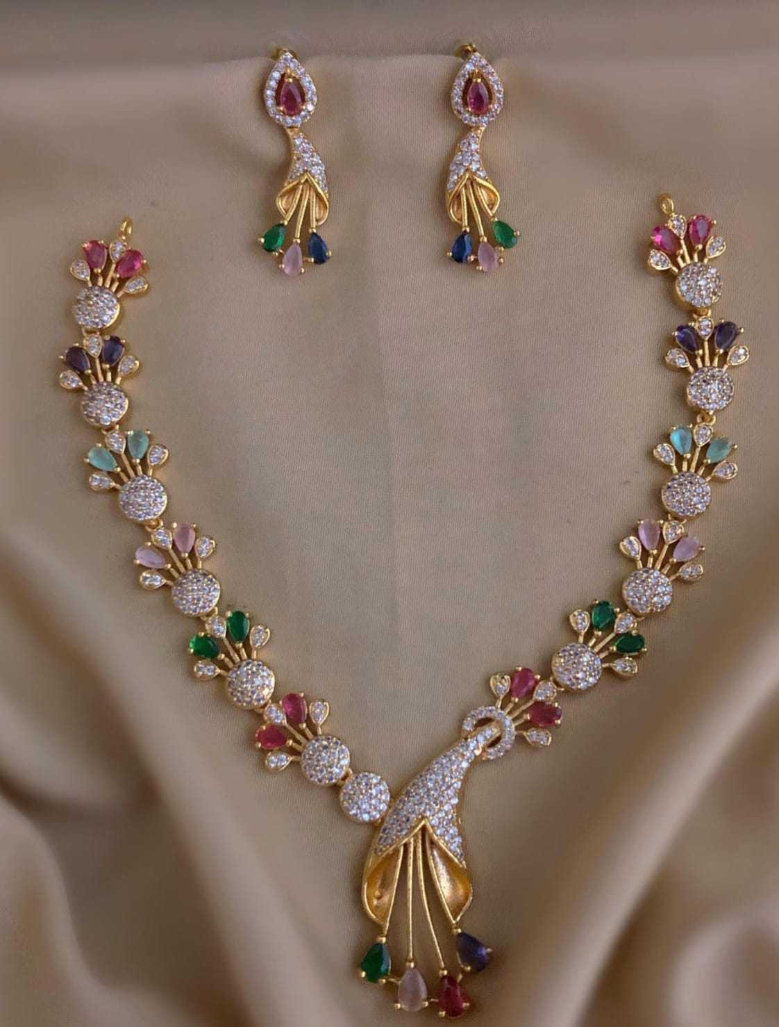 Multicolour Peacock AD Stone Necklace Set with Drop Earrings