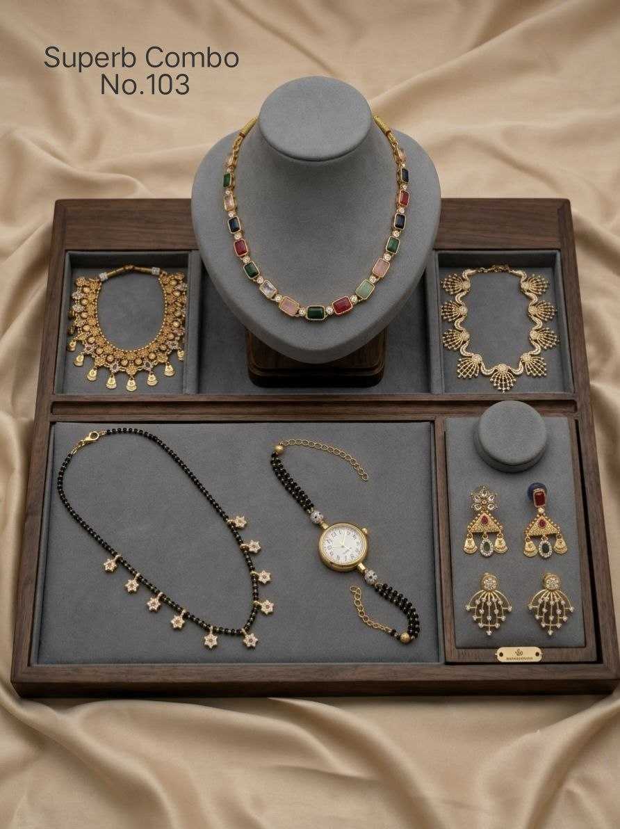 Multicolour Stone Necklace Combo with Mangalsutra Bracelet Watch