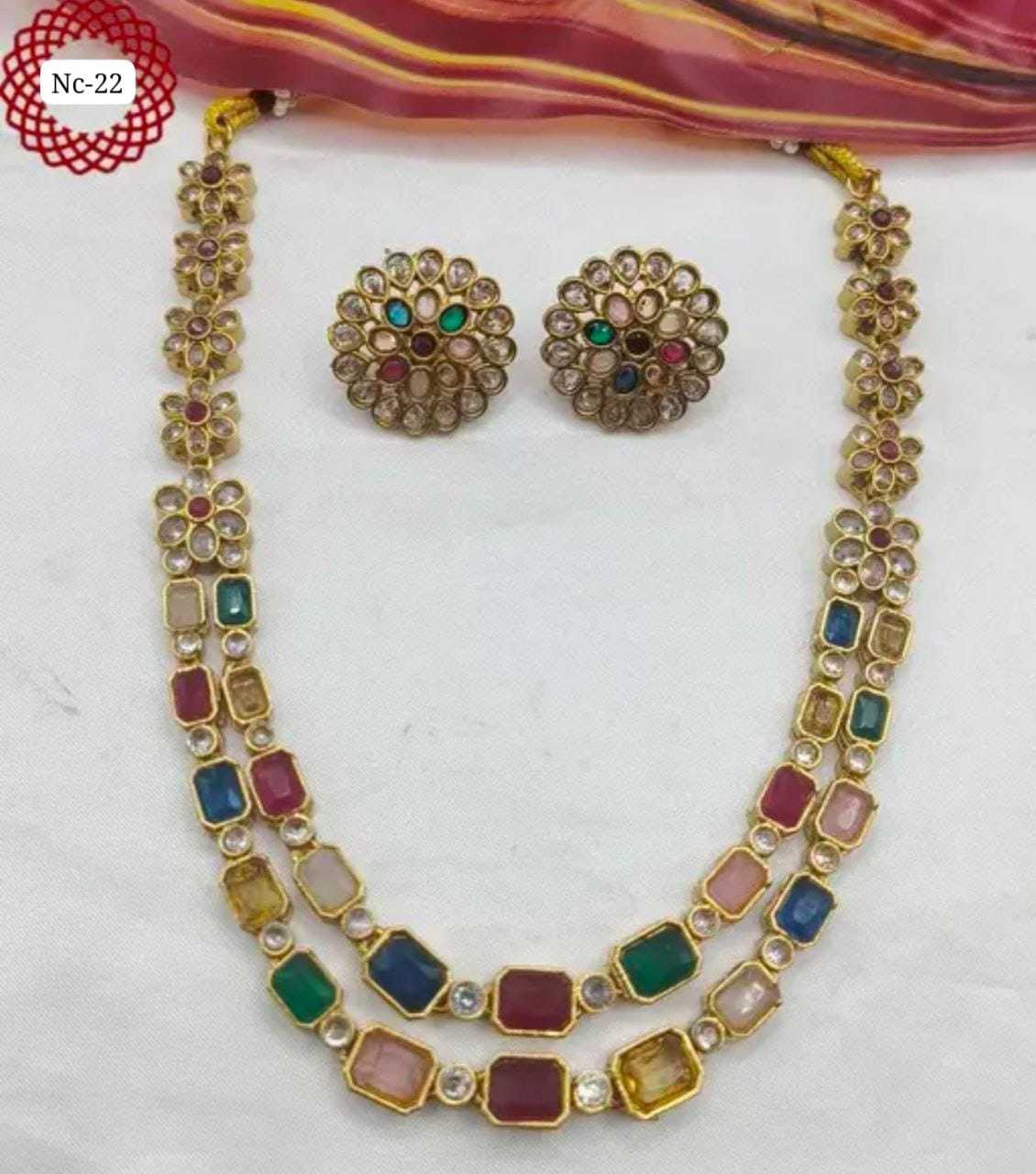 Navratna Layered Necklace Set in Matte Gold