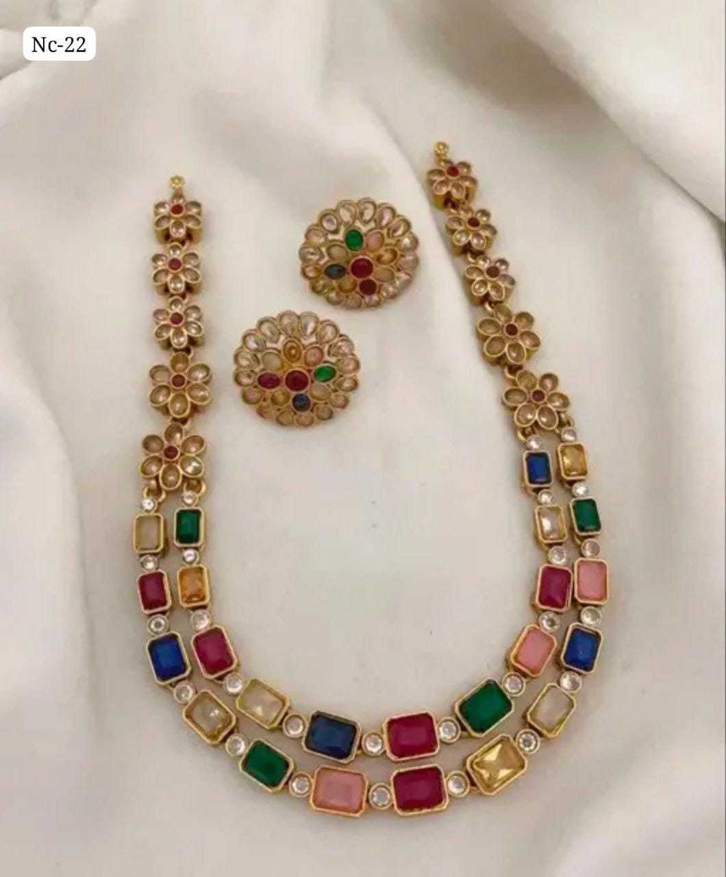 Navratna Layered Necklace Set in Matte Gold