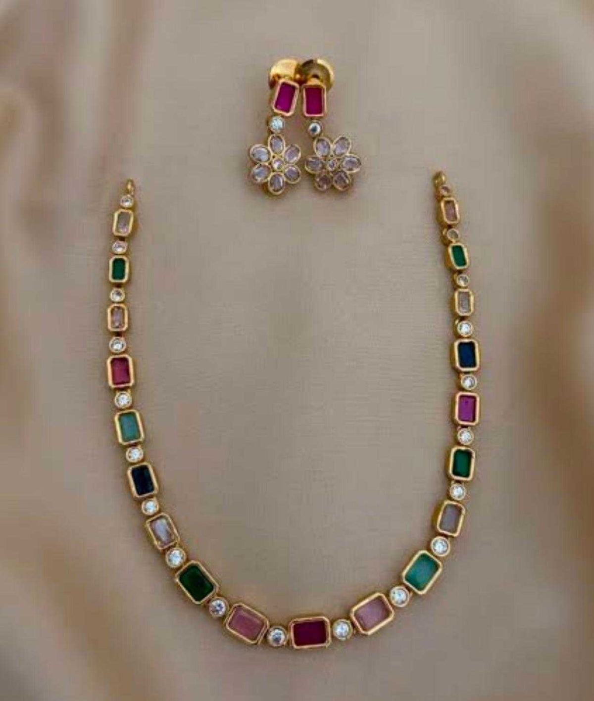 Navratna Single Line Necklace Set in Matte Gold