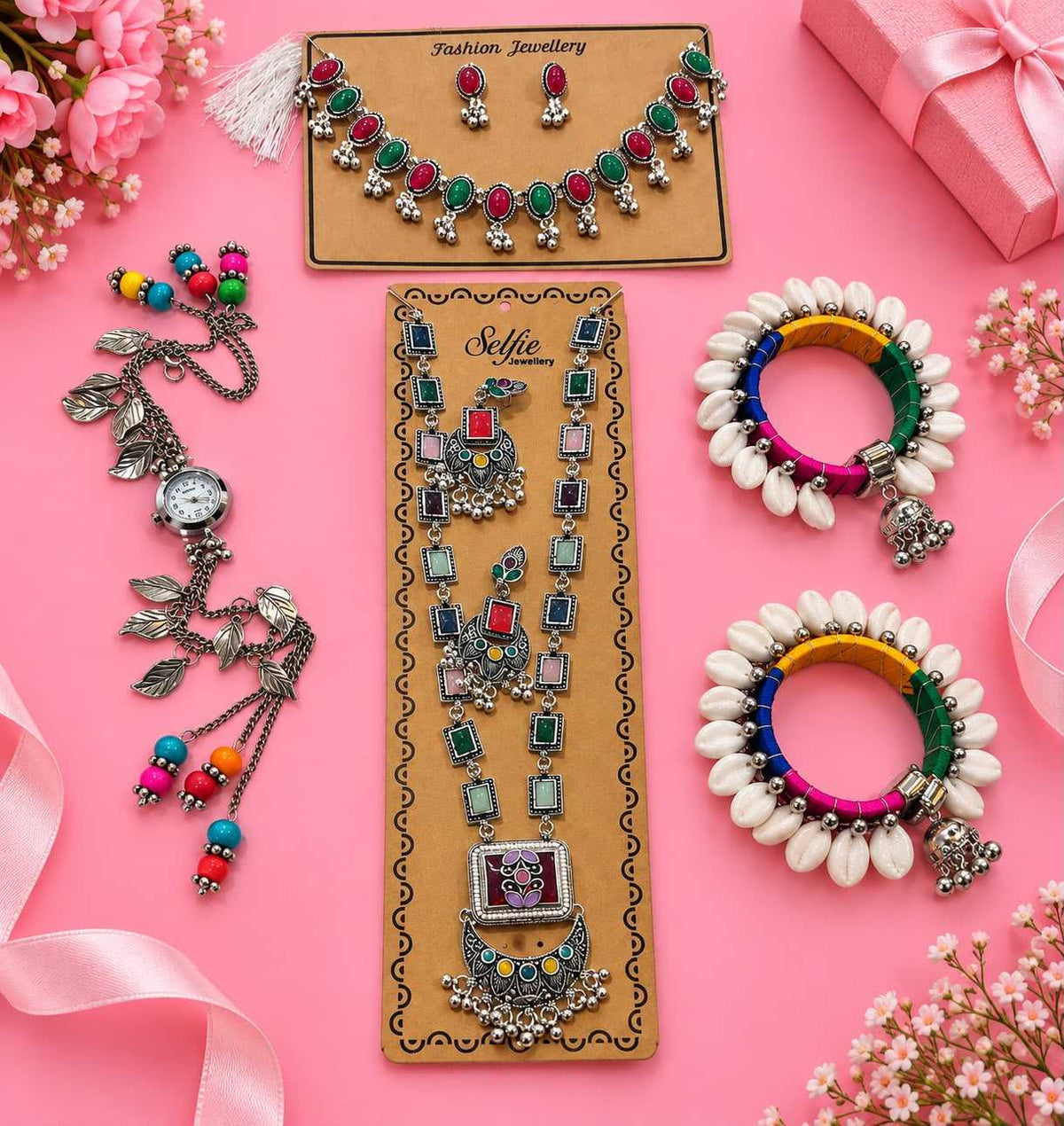 Navratri Combo with Deity Pendant Long Set and Cowrie Bangles