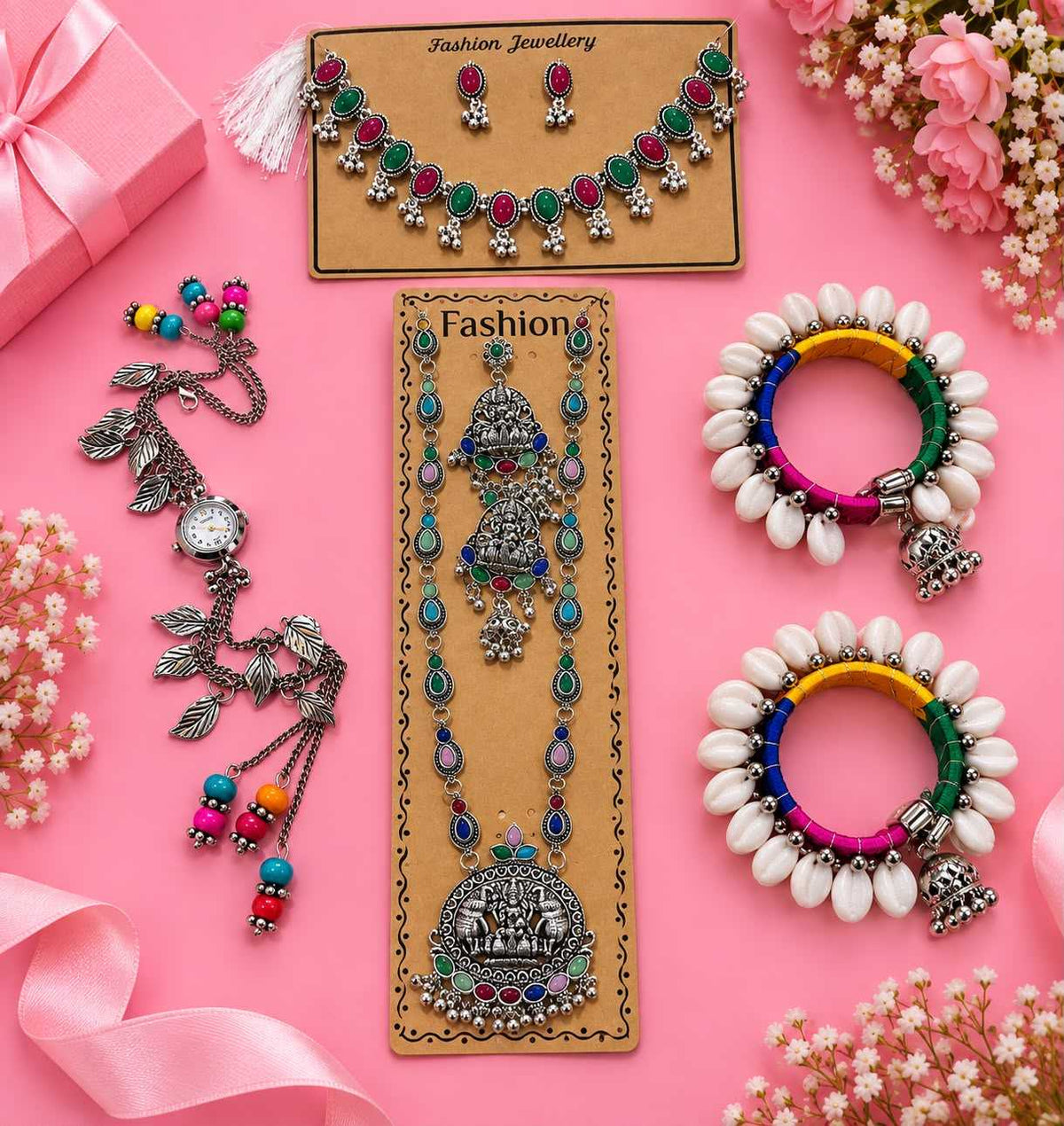 Navratri Combo with Deity Pendant Long Set and Cowrie Bangles