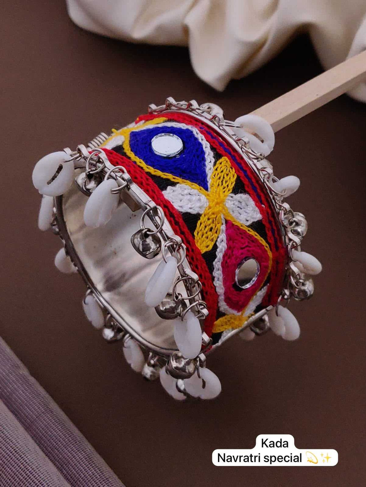 Navratri Mirror Work Embroidered Kada with Ghungroo Border