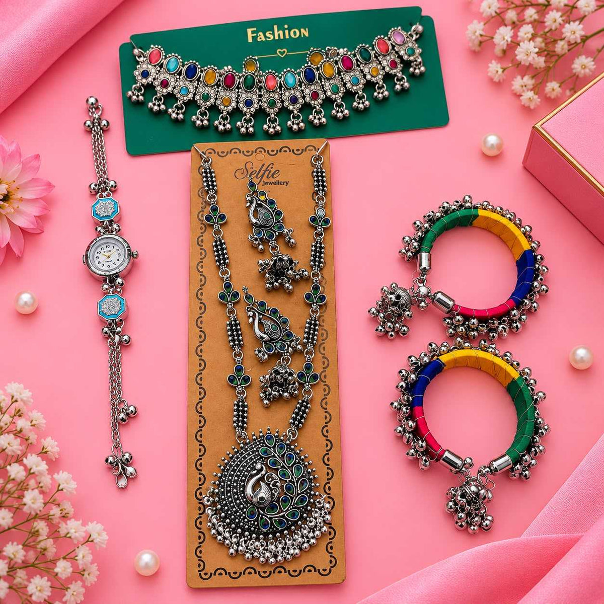 Navratri Oxidised Combo with Choker, Long Set, Watch and Bangles