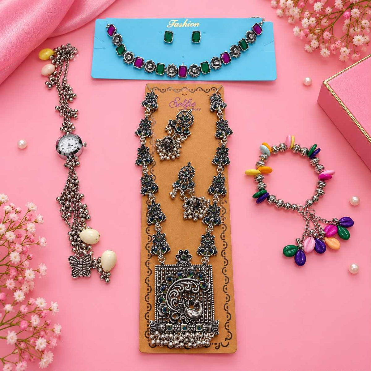 Navratri Oxidised Combo with Choker, Long Set, Watch and Bangles