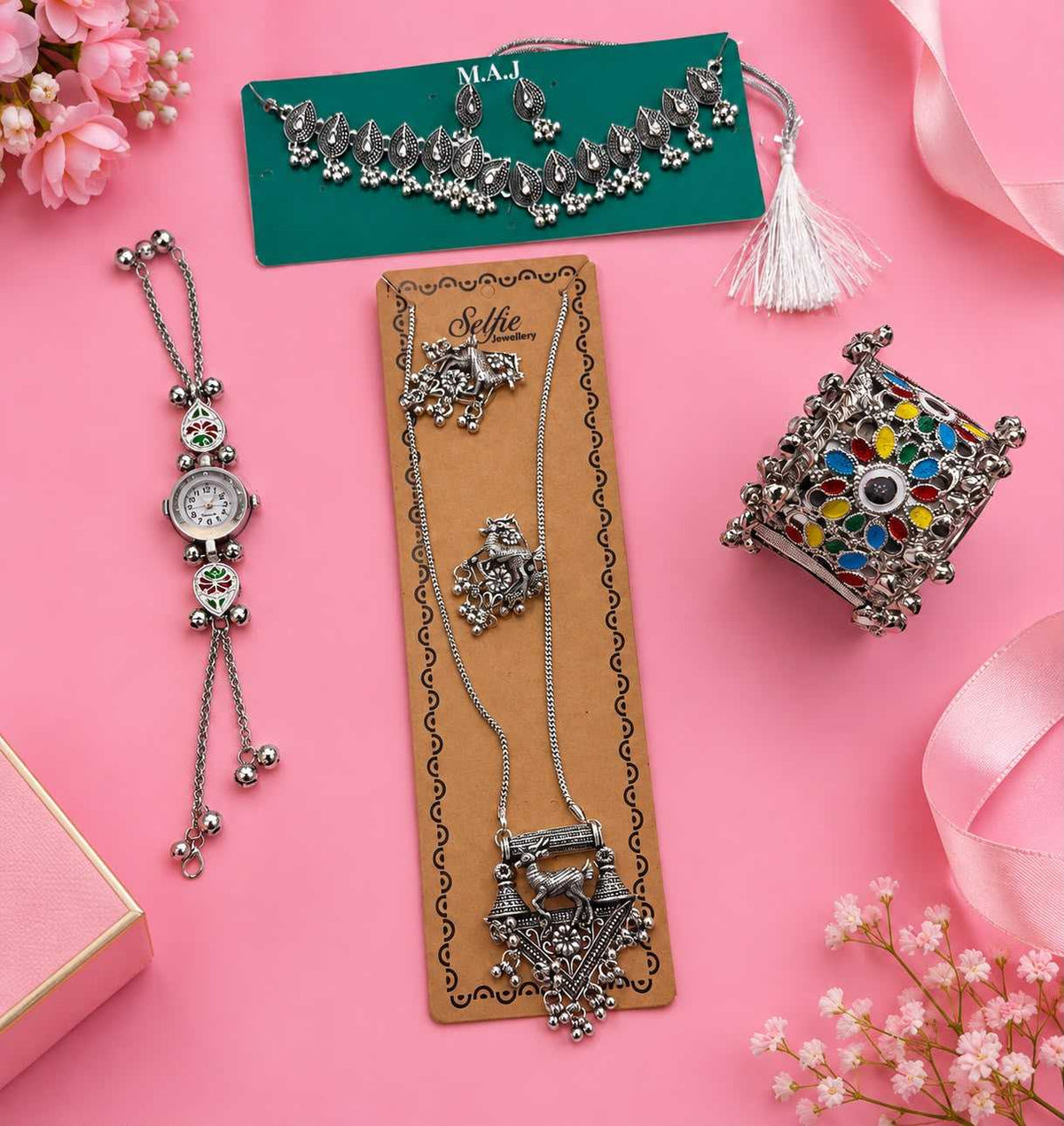 Navratri Oxidised Combo with Choker, Long Set, Watch and Bangles