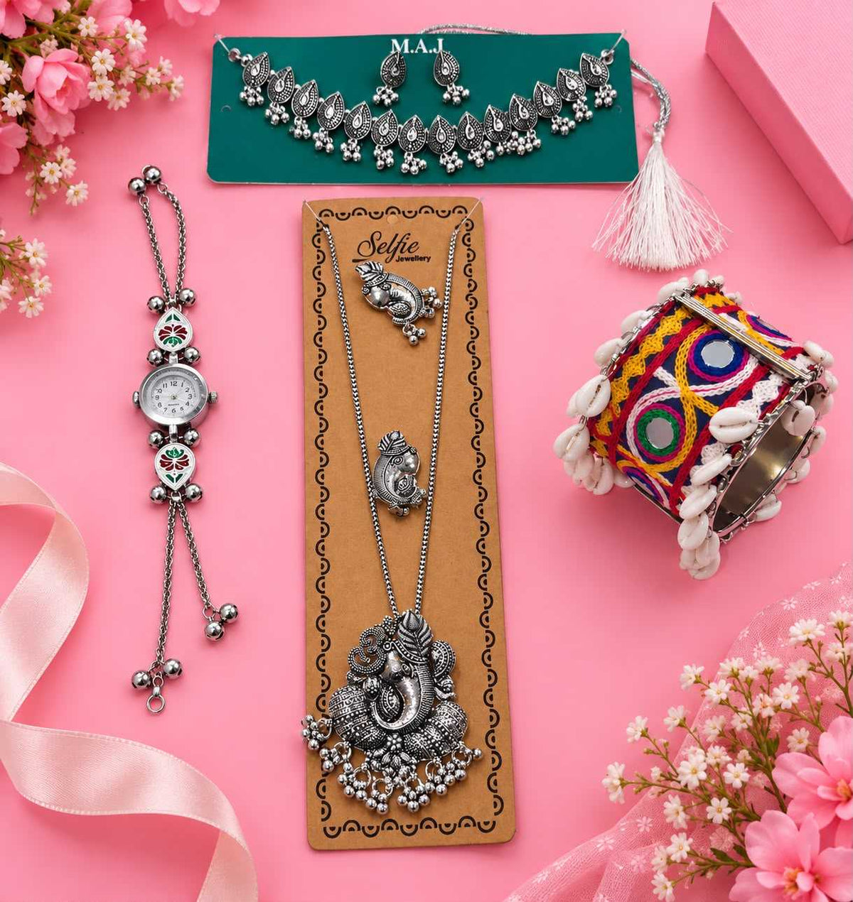 Navratri Oxidised Combo with Ganesha Pendant and Embroidered Kada