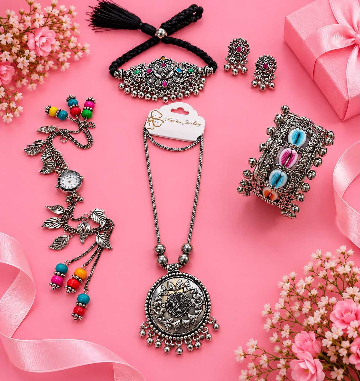 Navratri Oxidised Combo with Round Pendant, Choker and Cowrie Kada