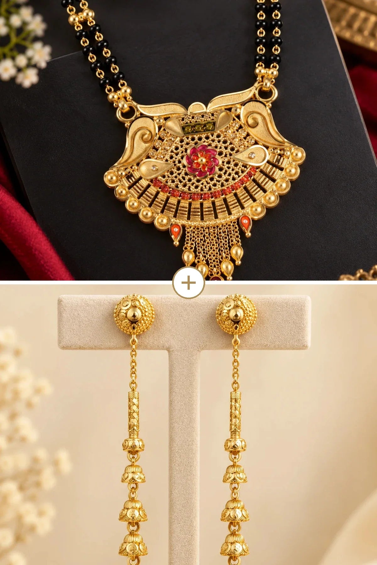 Long mangalsutra above a pair of long sui dhaga jhumka earrings