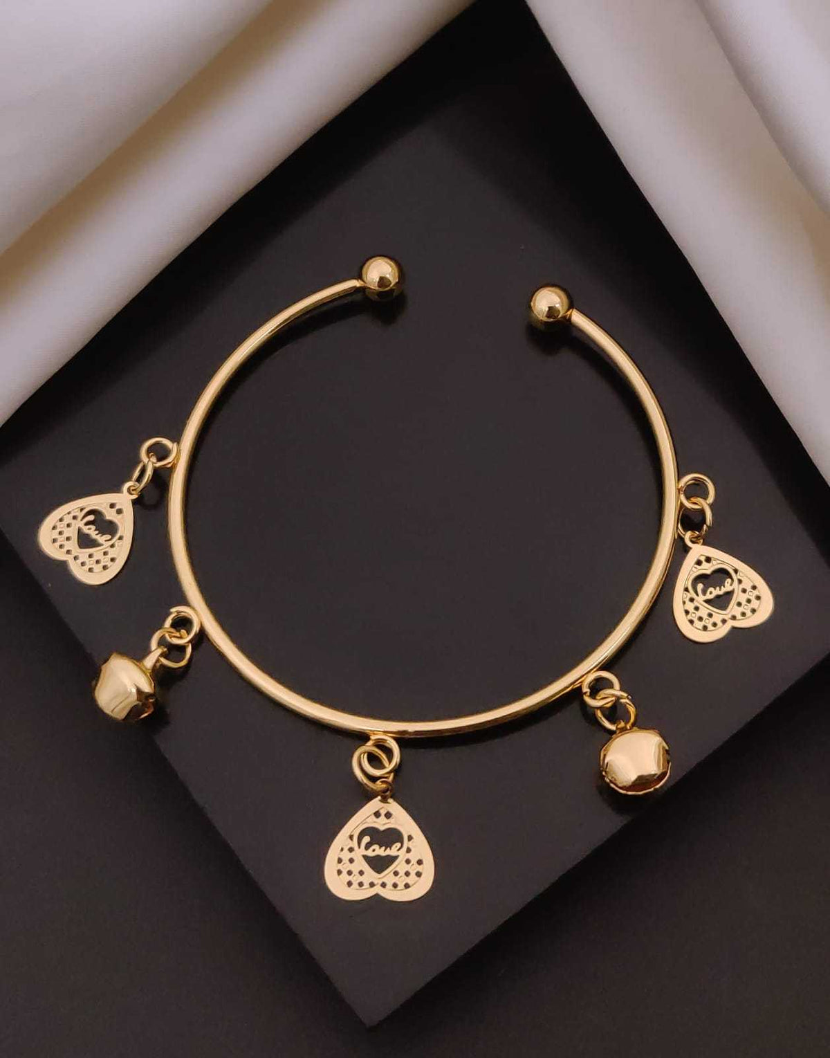 Open Cuff Charm Bracelet with Hearts and Ghungroo Bells