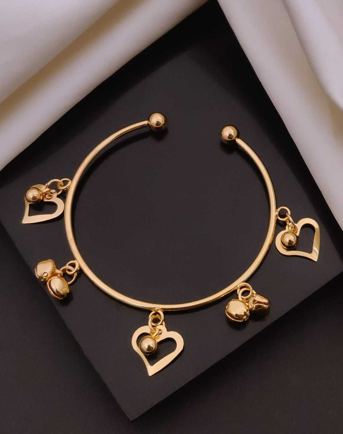Open Cuff Charm Bracelet with Hearts and Ghungroo Bells