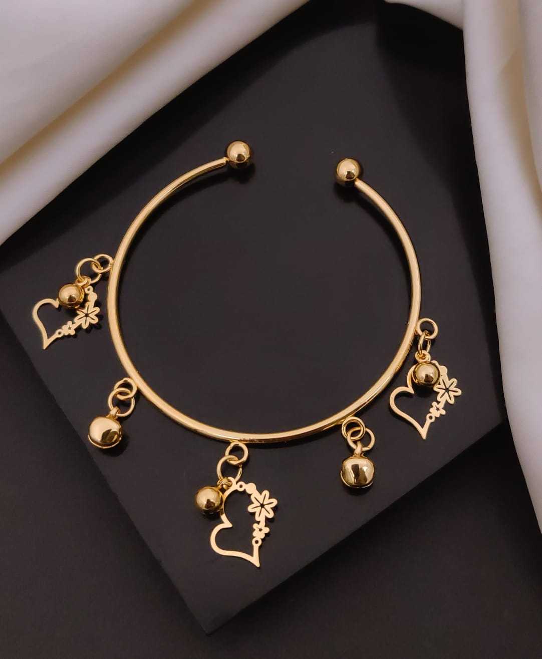 Open Cuff Charm Bracelet with Hearts and Ghungroo Bells