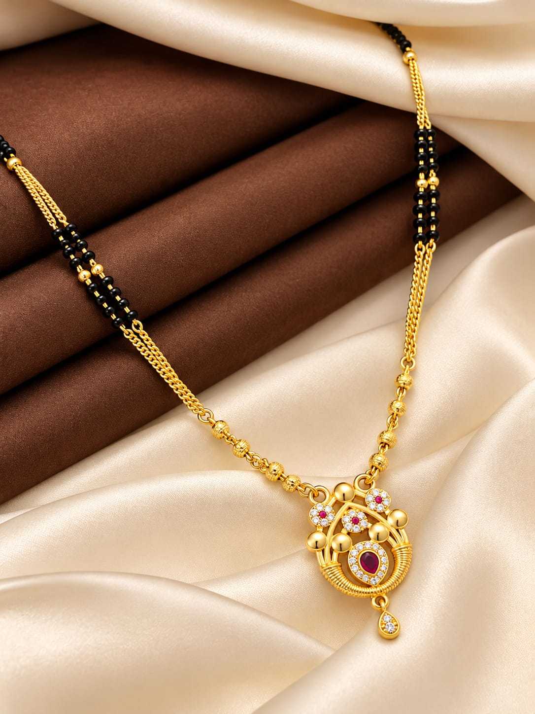 Open CZ Pendant Mangalsutra on Chain and Black Beads