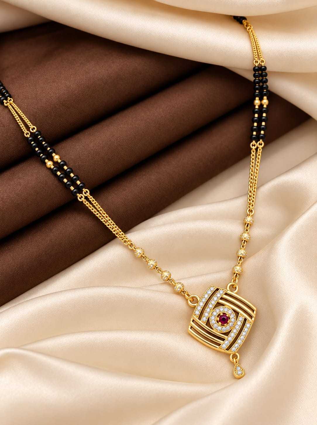 Open CZ Pendant Mangalsutra on Chain and Black Beads