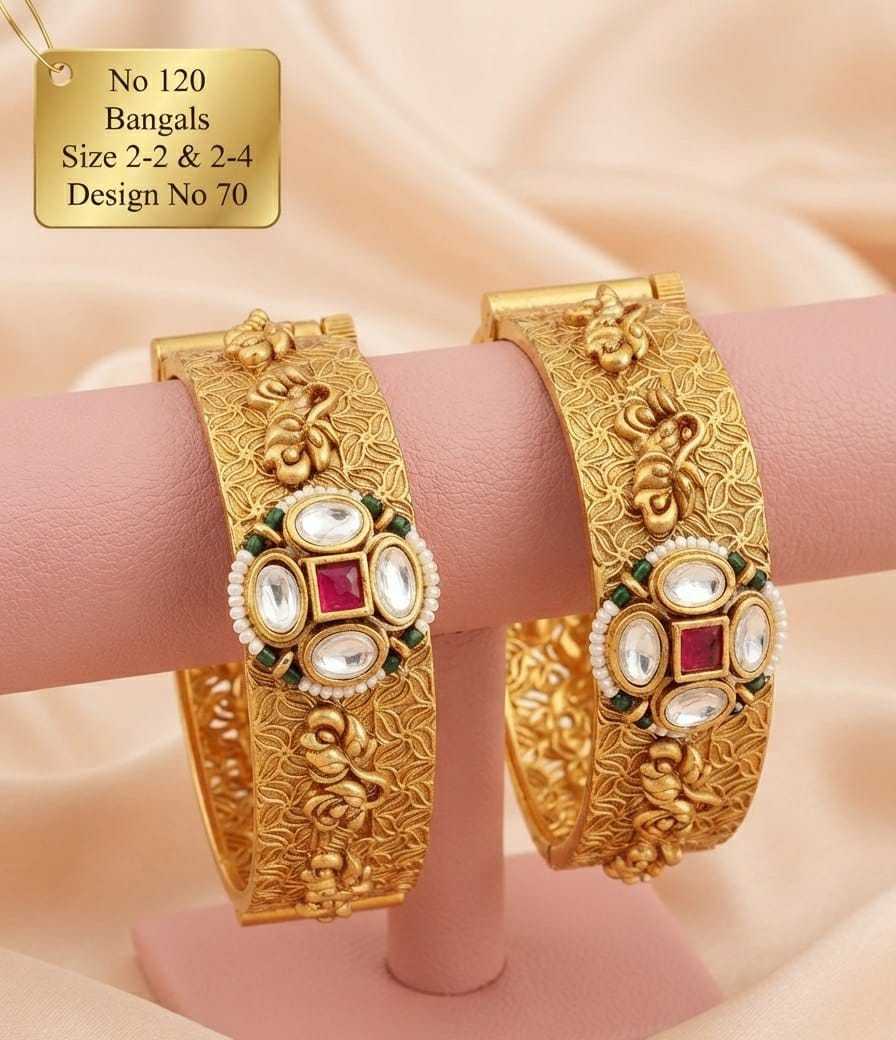 Openable Antique Kada Pair with Kundan and Ruby Cluster