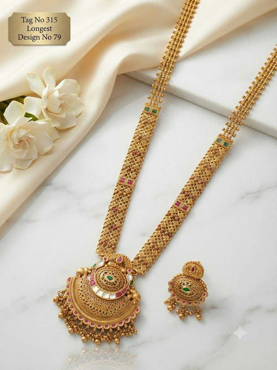Ornate Pendant Jaali Long Necklace Set with Ruby and Green Stones