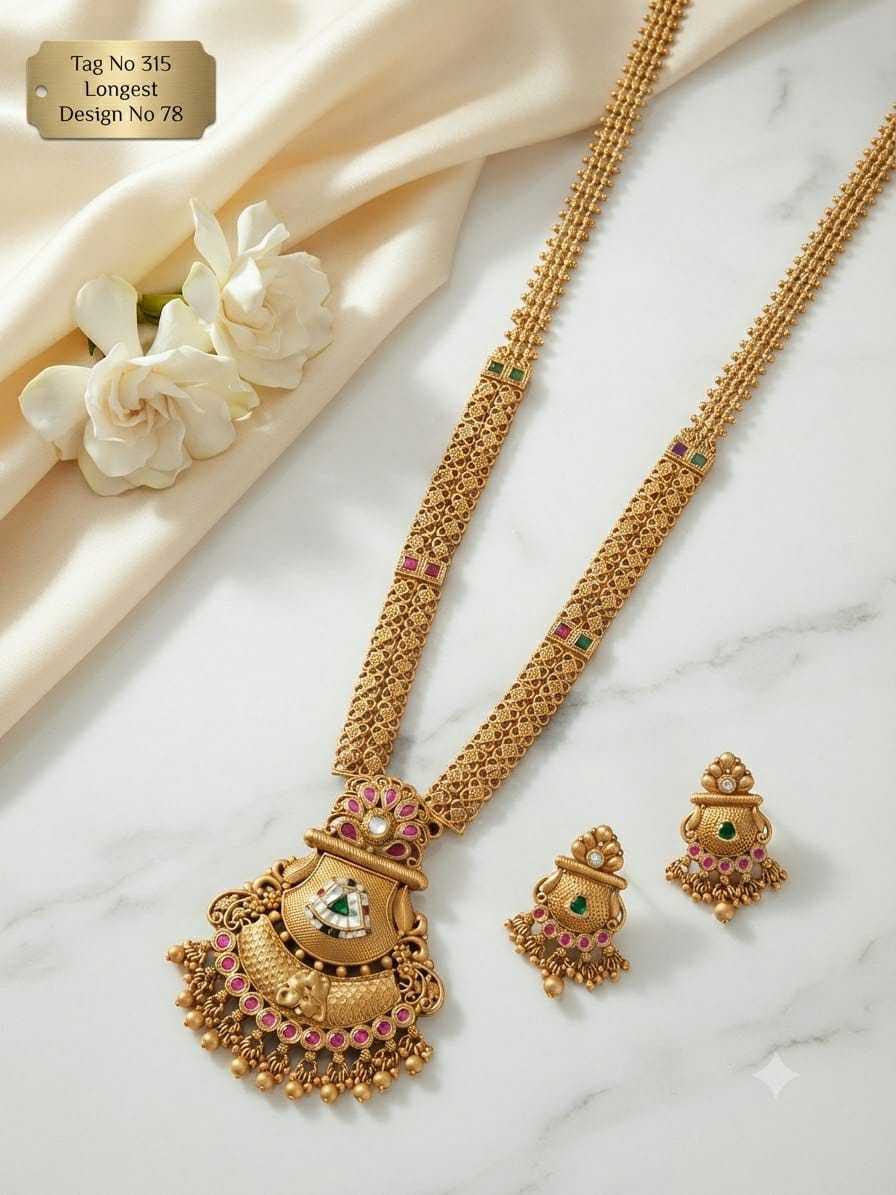 Ornate Pendant Jaali Long Necklace Set with Ruby and Green Stones