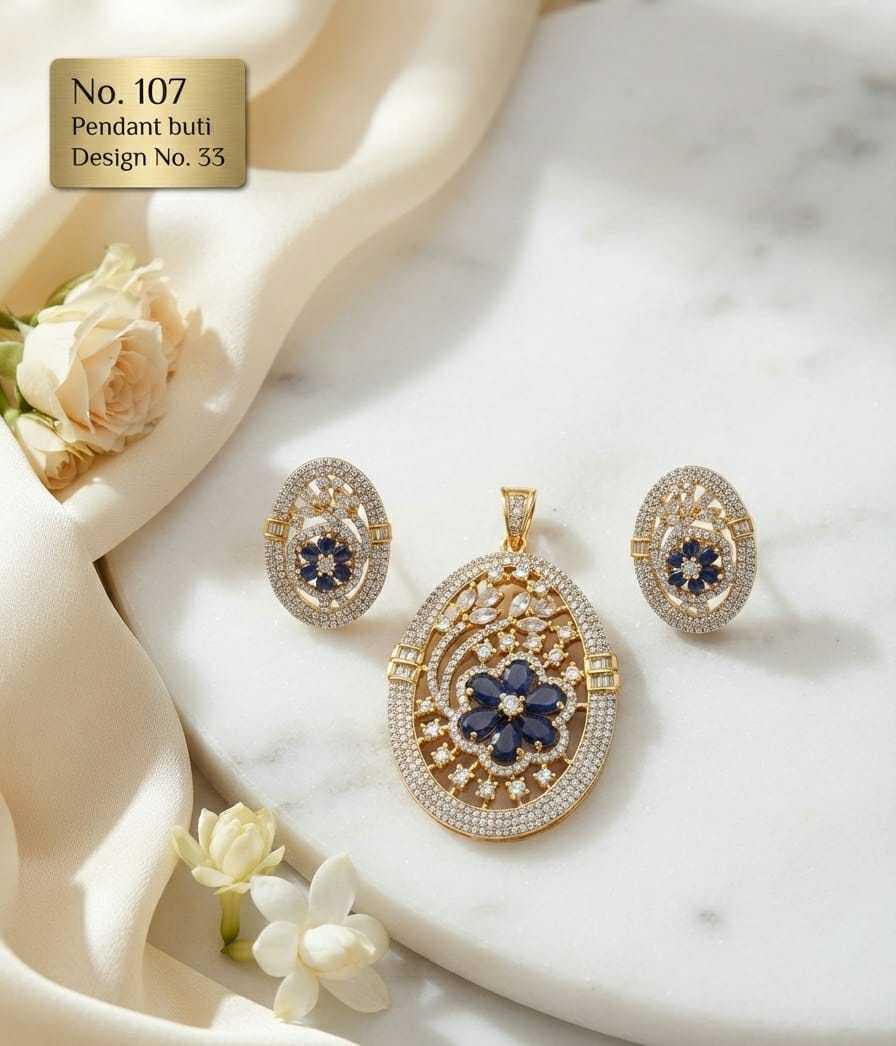 Oval Filigree AD Pendant Set with Blue or Ruby Flower