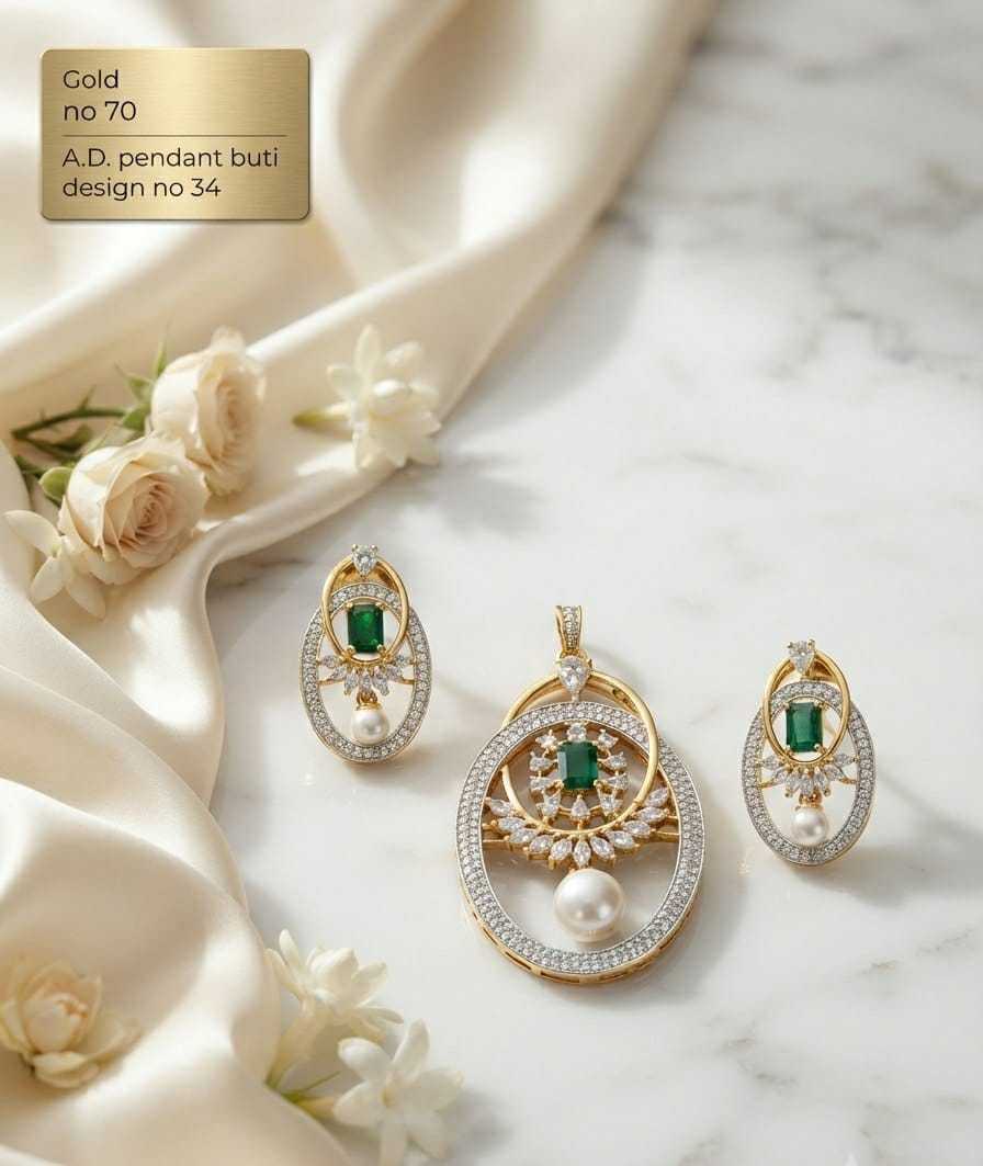 Oval Halo AD Pendant Set with Emerald Stone and Pearl Drop