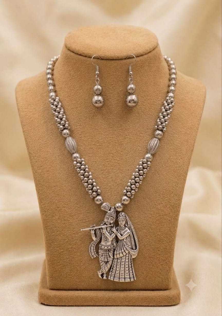 Oxidised Beaded Long Pendant Set with Peacock and Radha Krishna Motifs