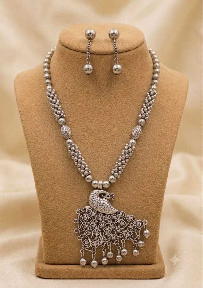 Oxidised Beaded Long Pendant Set with Peacock and Radha Krishna Motifs