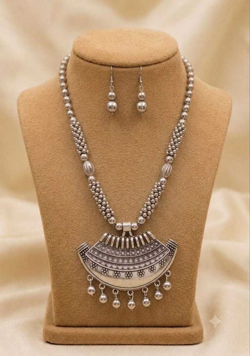 Oxidised Beaded Long Pendant Set with Peacock and Radha Krishna Motifs