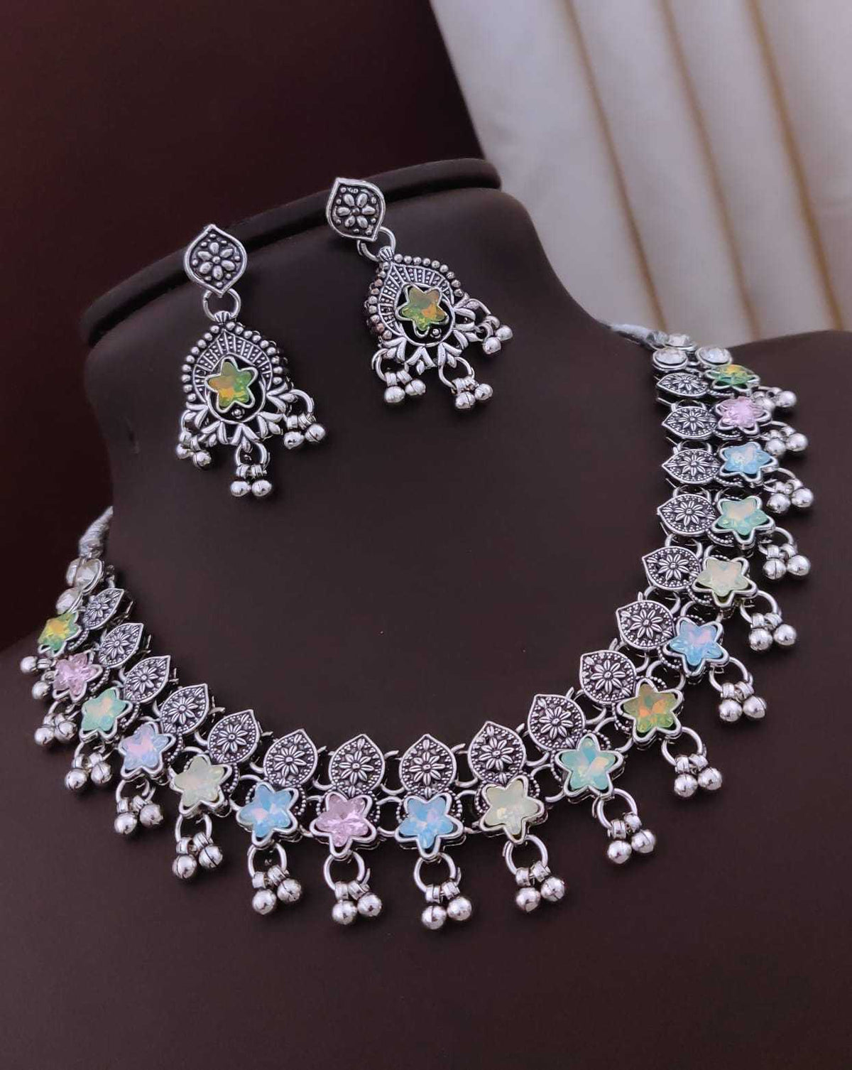 Oxidised Choker Set with Pastel Multicolour Stones