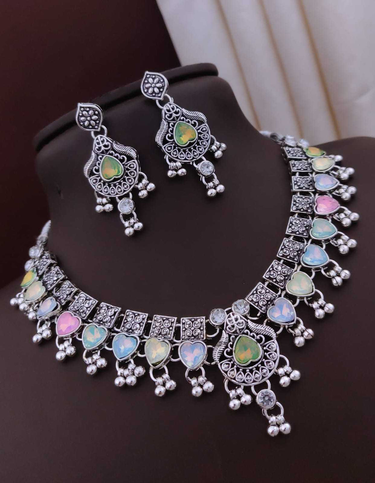 Oxidised Choker Set with Pastel Multicolour Stones