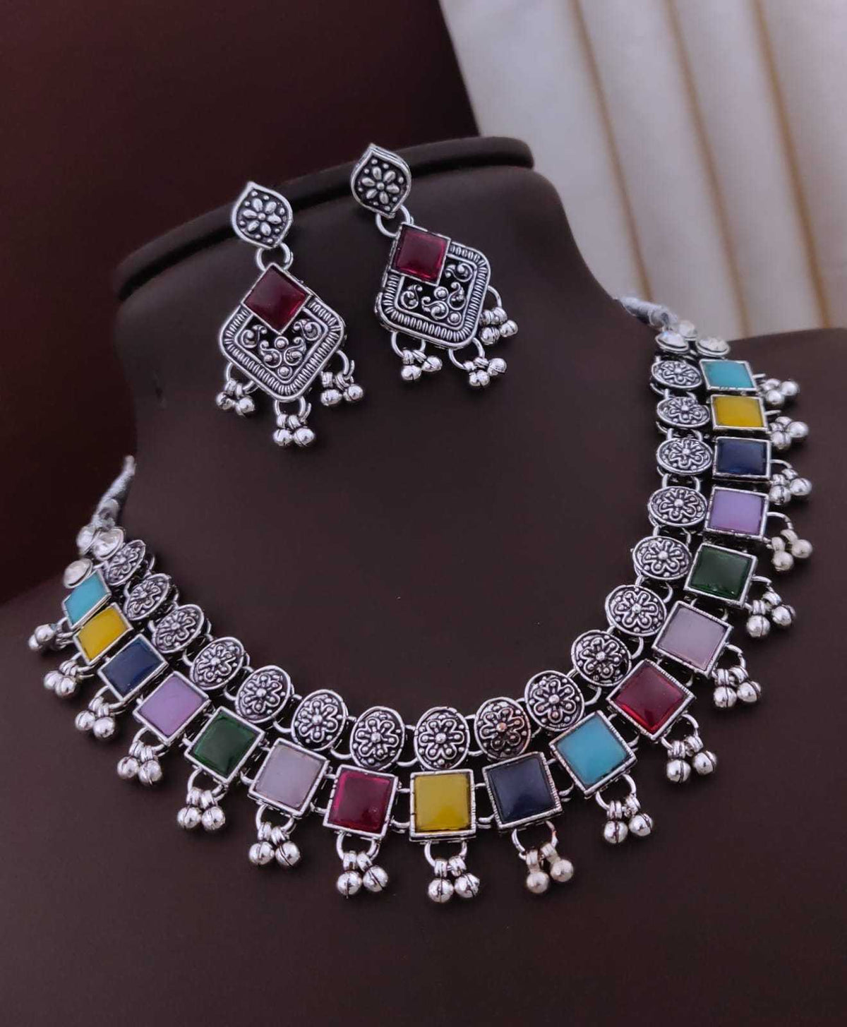 Oxidised Choker Set with Pastel Multicolour Stones