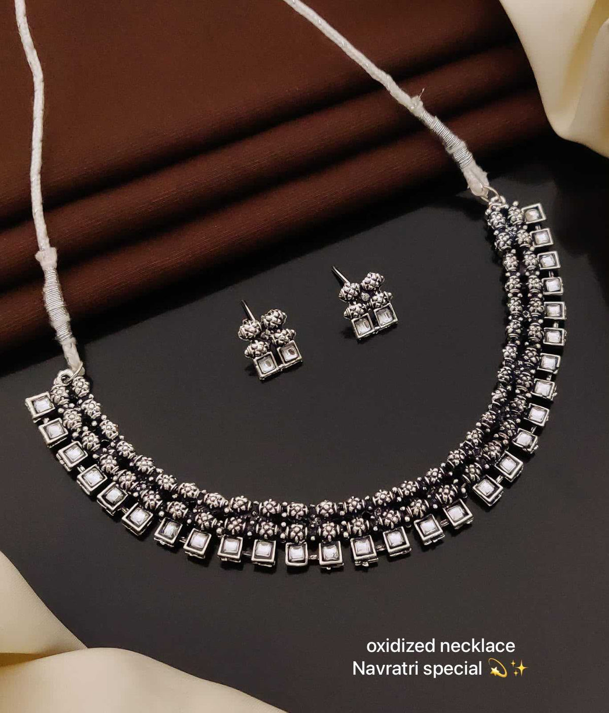 Oxidised Collar Necklace Set with Square-Cut Stone Fringe