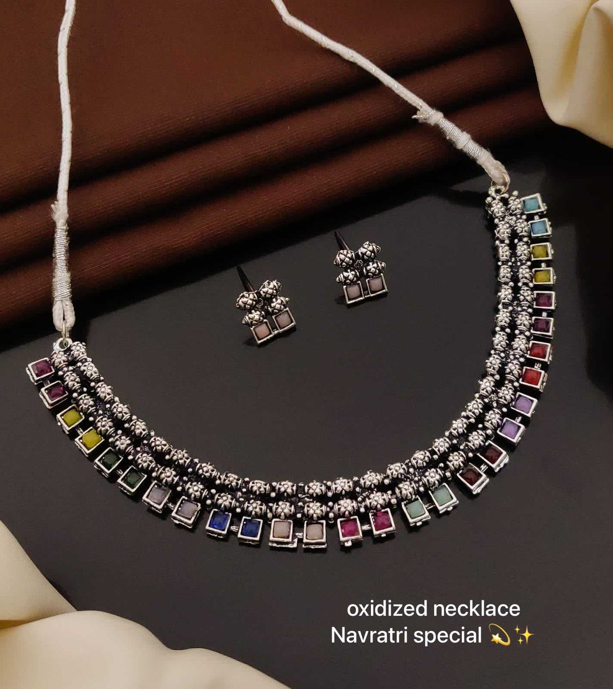 Oxidised Collar Necklace Set with Square-Cut Stone Fringe