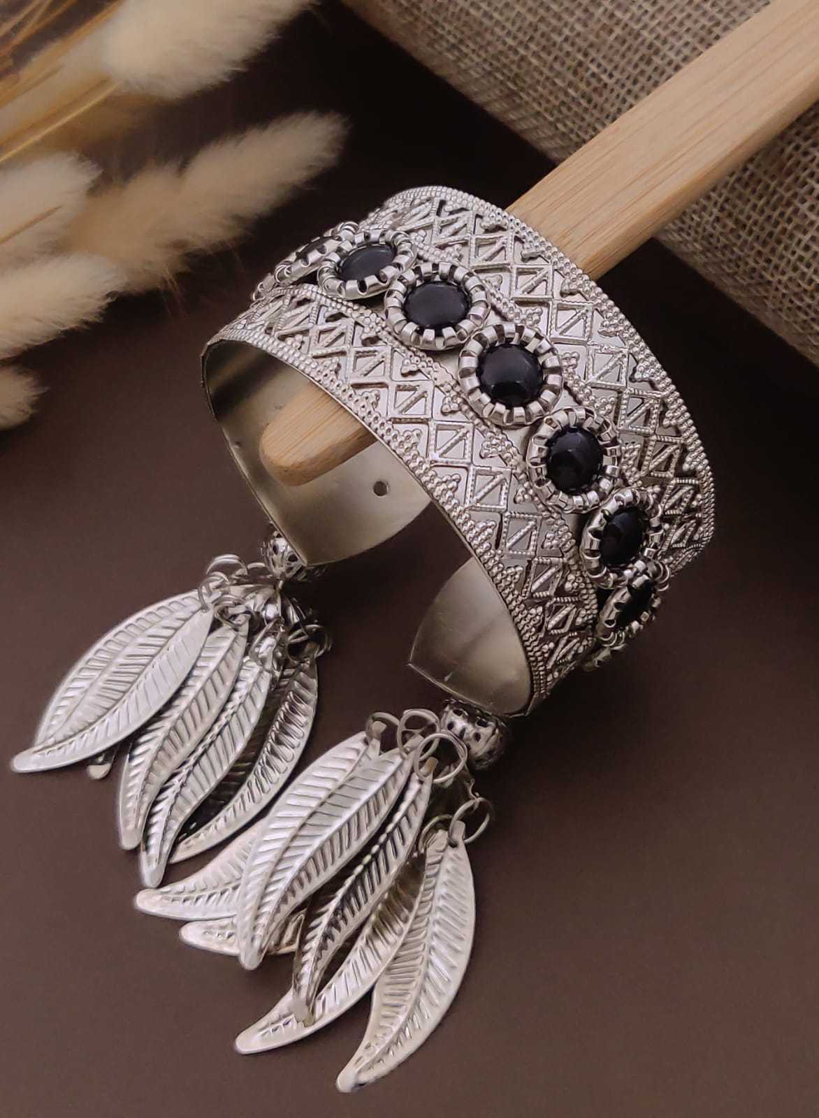 Oxidised Cuff with Black Stones and Leaf Tassel Drops