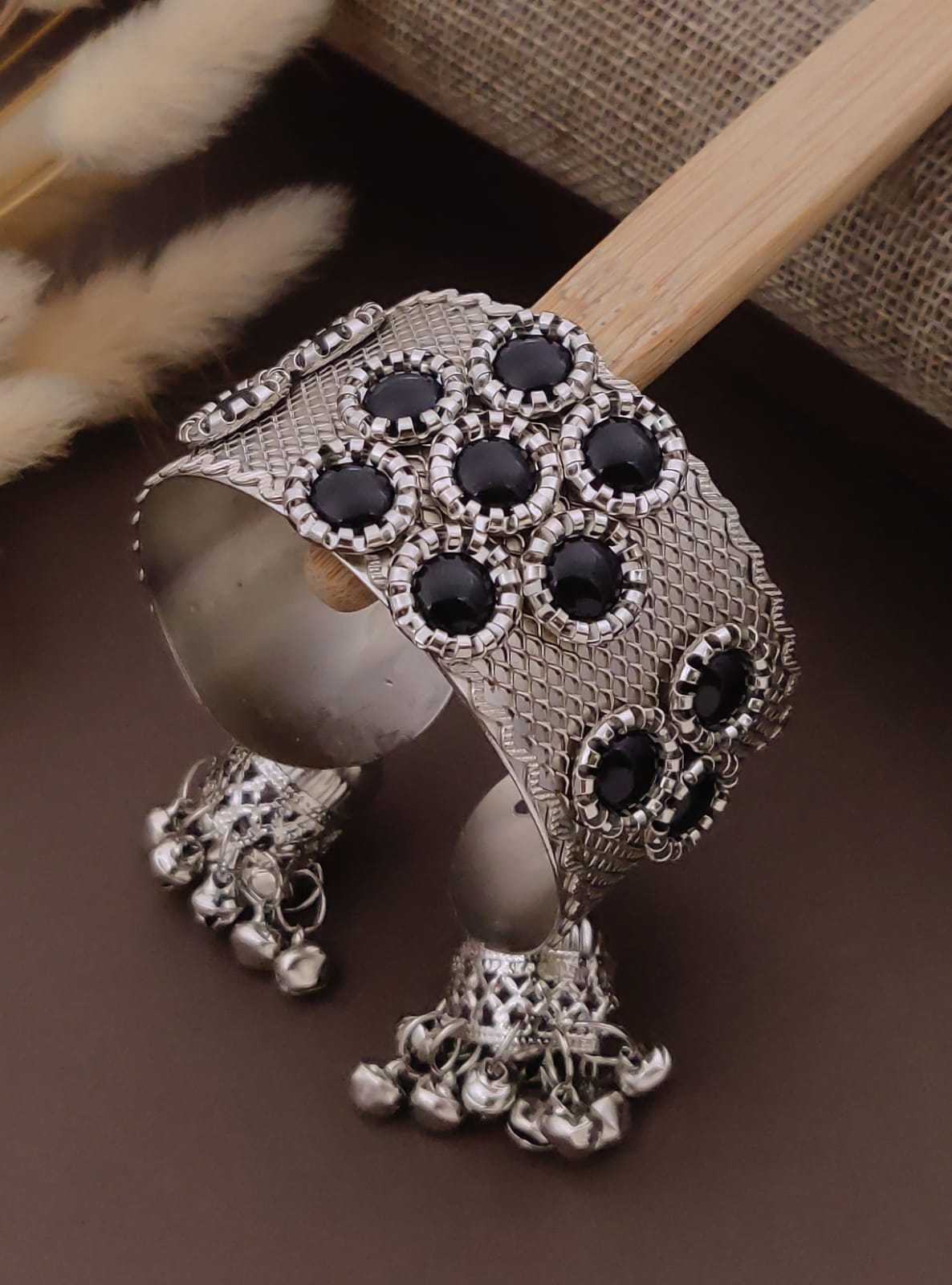 Oxidised Cuff with Black Stones and Leaf Tassel Drops