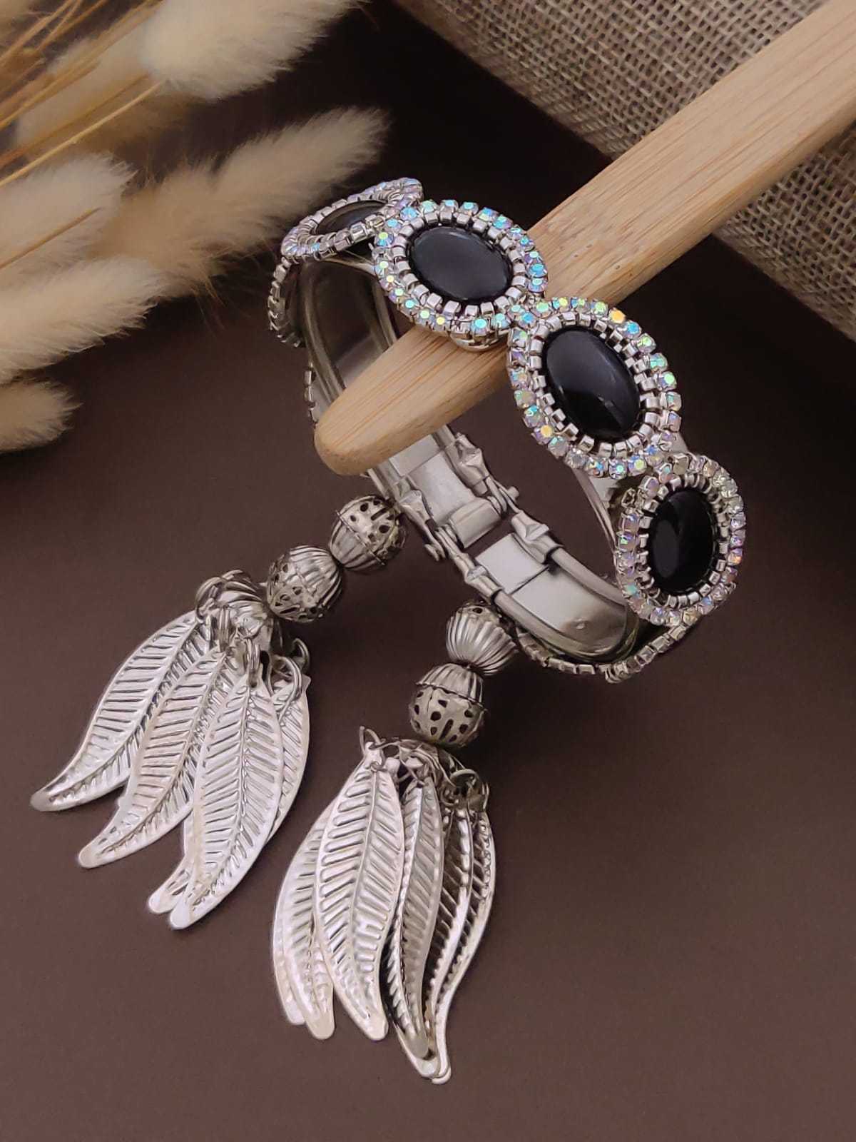 Oxidised Cuff with Black Stones and Leaf Tassel Drops