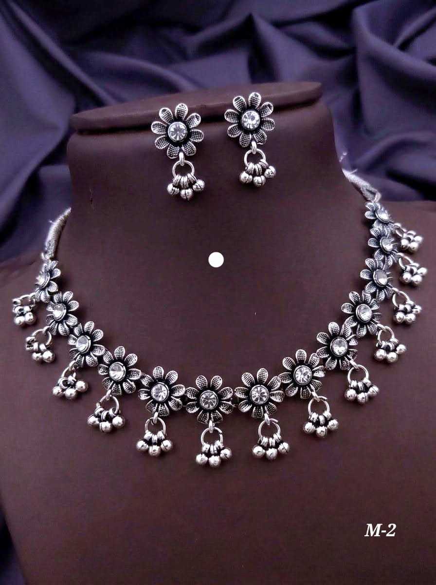 Oxidised Daisy Flower Necklace Set with Ghungroo Drops