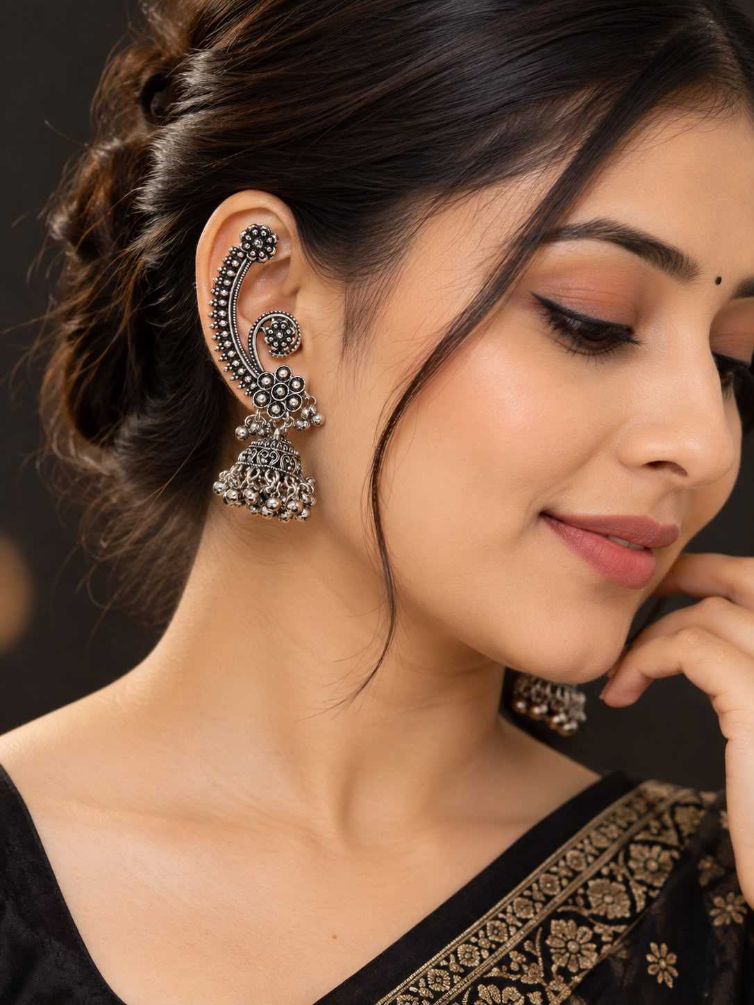 Oxidised Ear Cuff Jhumka Earrings with Floral Crawler