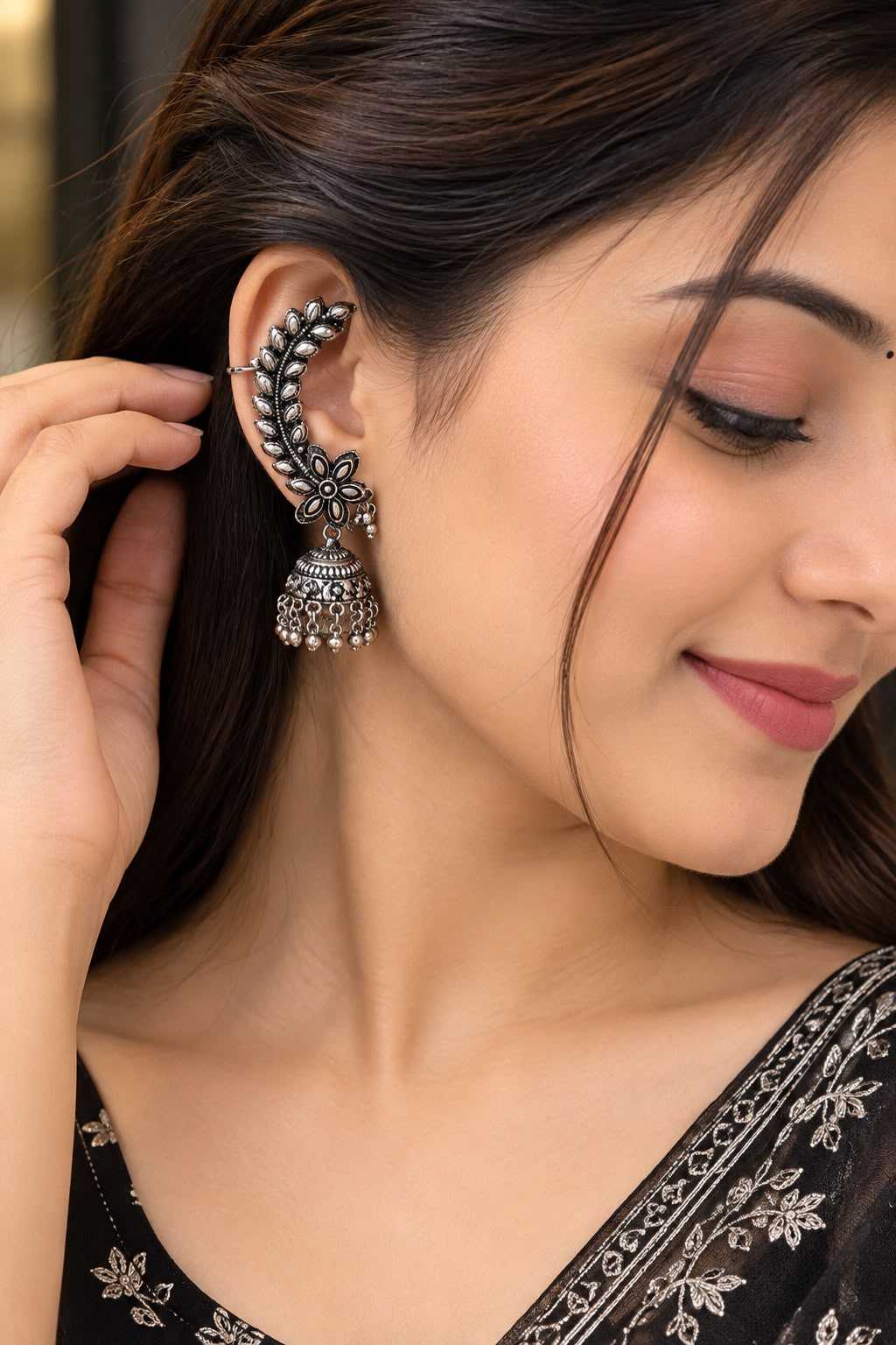 Oxidised Ear Cuff Jhumka Earrings with Floral Crawler