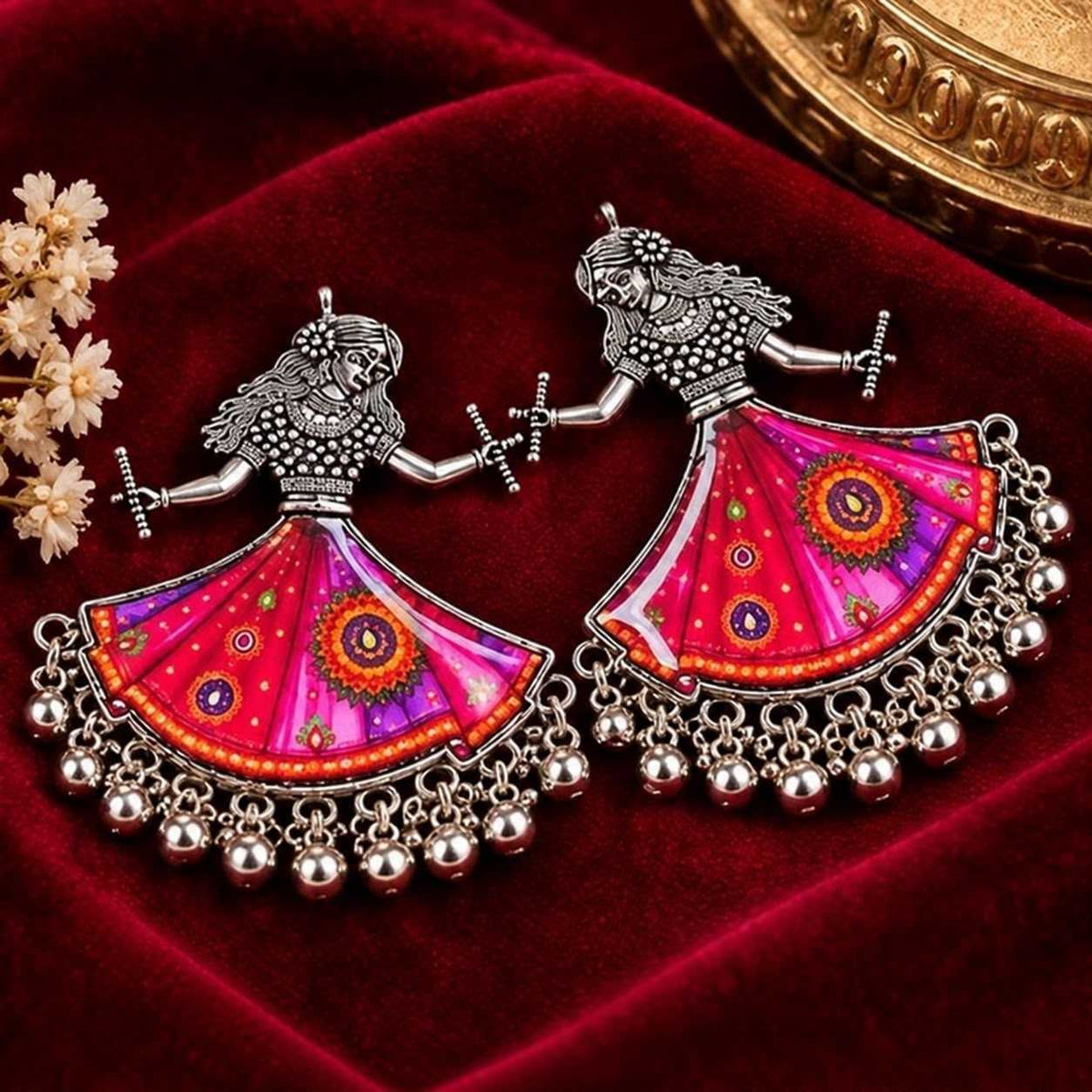 Oxidised Garba Doll Dangler Earrings with Painted Lehenga