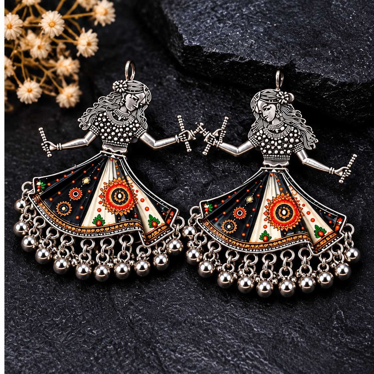 Oxidised Garba Doll Dangler Earrings with Painted Lehenga