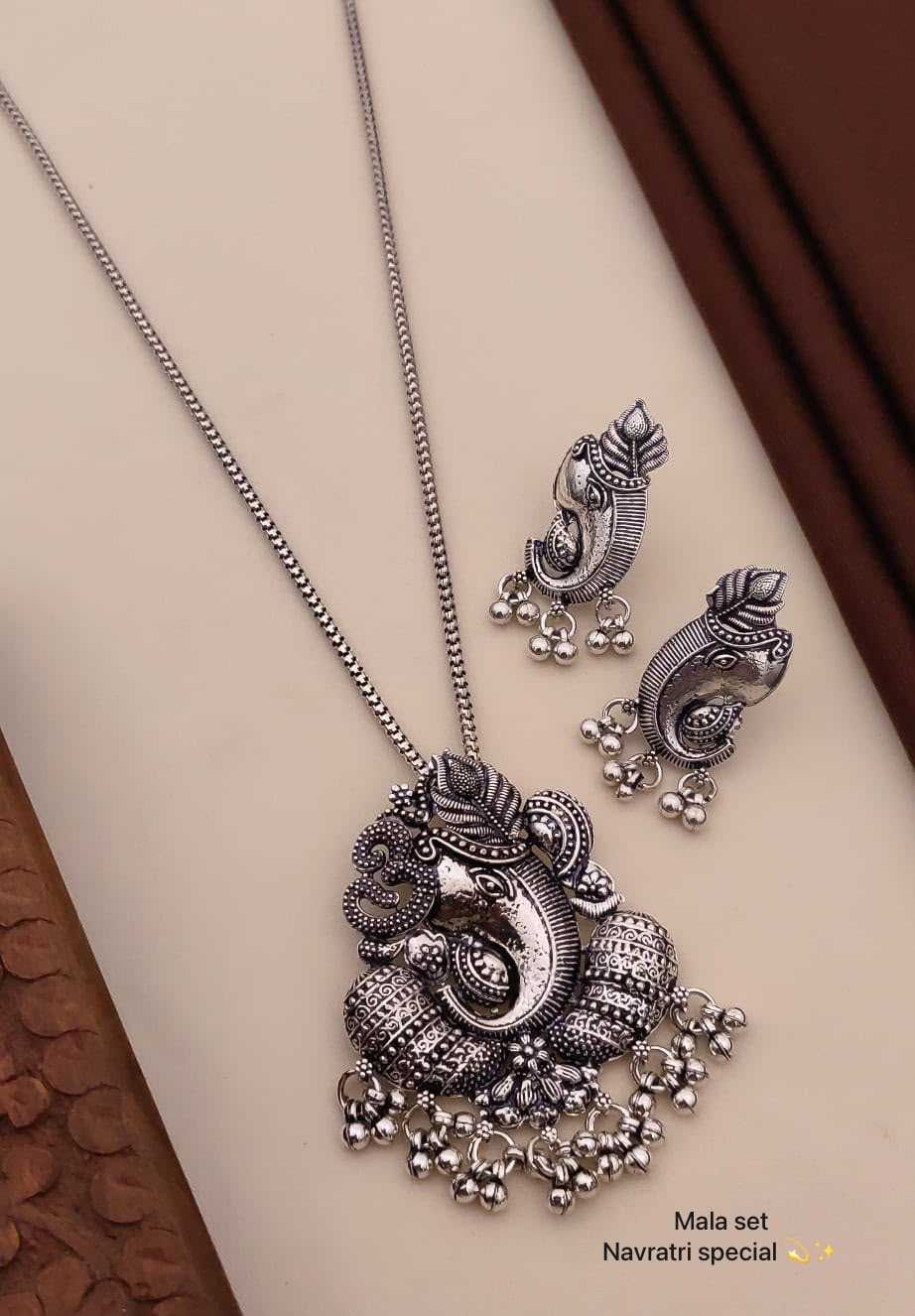 Oxidised Long Chain Pendant Set with Ganesha, Elephant and Deer Motifs