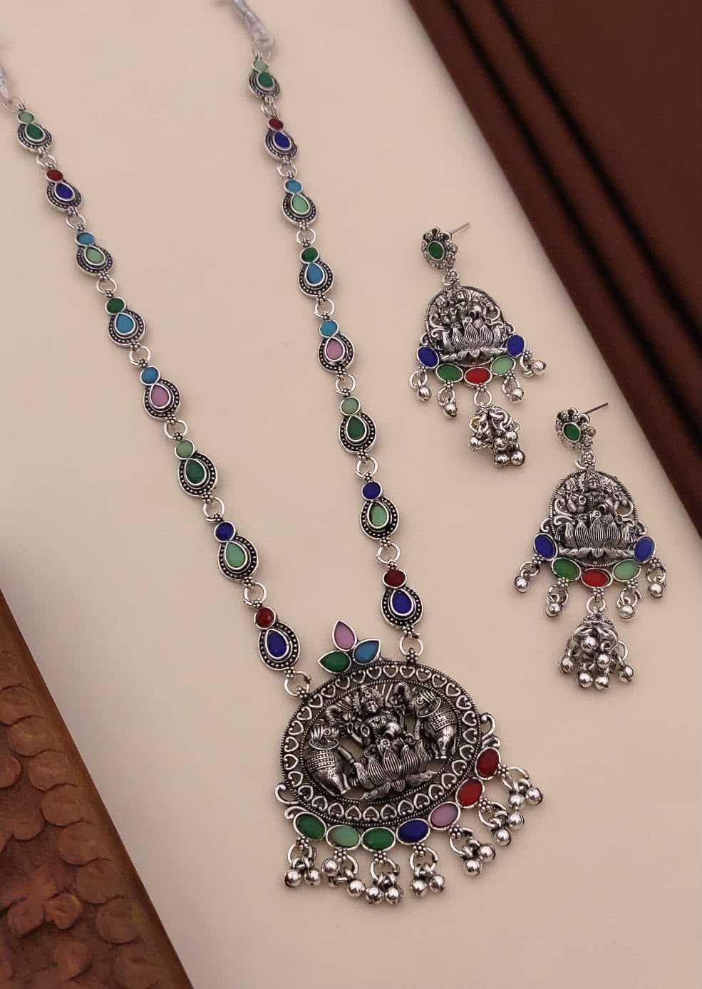 Oxidised Long Necklace with Deity Medallion and Teardrop Stones
