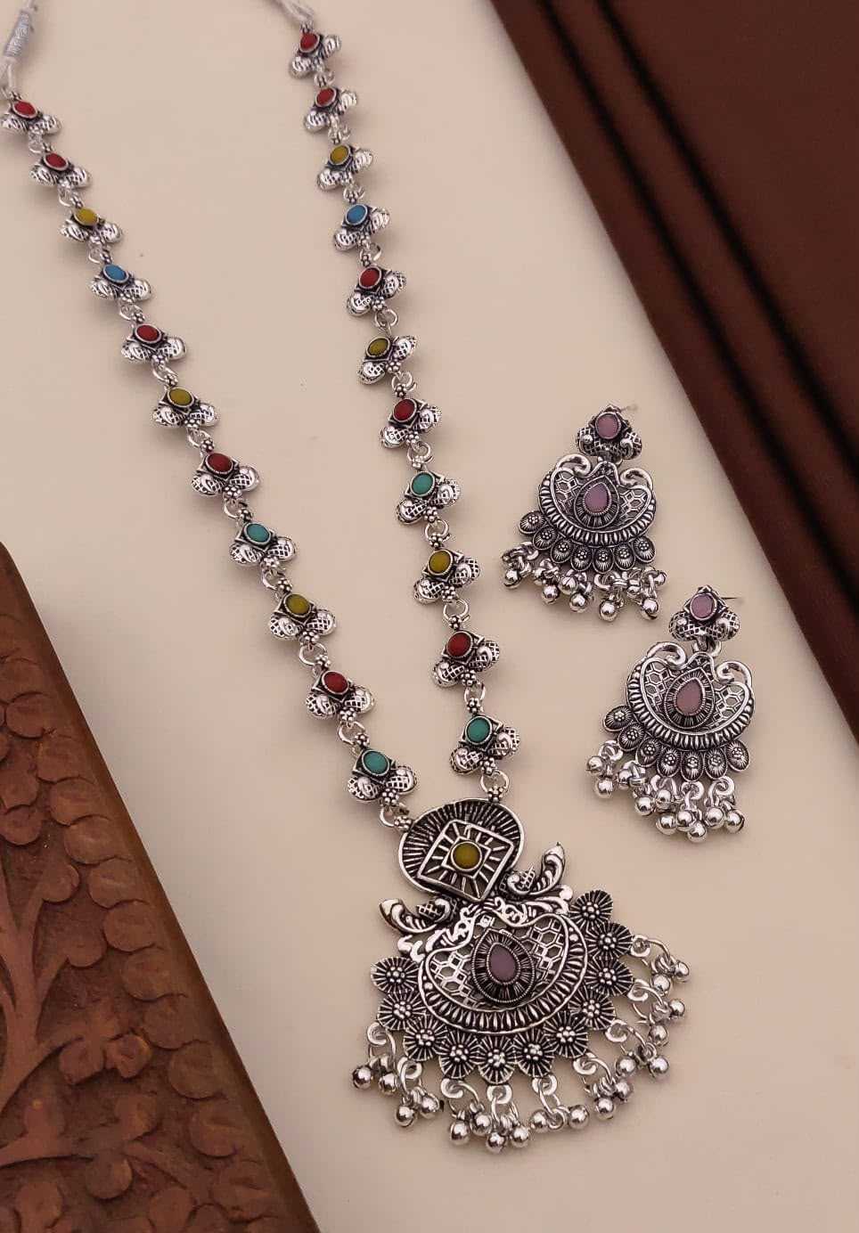 Oxidised Long Necklace with Pink Stone Pendant and Multicolour Links
