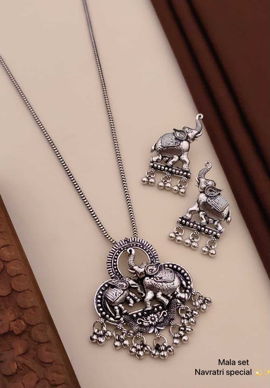 Oxidised Mala Set with Ganesha, Elephant and Deer Motif Pendants